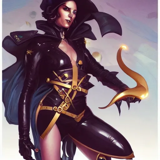 Prompt: Portrait of a fashionable androgynous pirate space captain, dark hair, golden eyes, teasing smile, full body shot, artstation, graphic novel, art by stanley artgerm and greg rutkowski and peter mohrbacher,