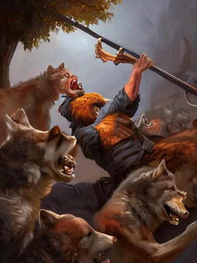 Image similar to a screaming man holding a quartestaff. surrounded by a pack of wolves. intricate, elegant, highly detailed, digital painting, artstation, concept art, sharp focus, illustration, by justin gerard and artgerm, 8 k