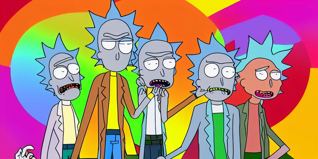 Image similar to rainbow cry, style of rick and morty