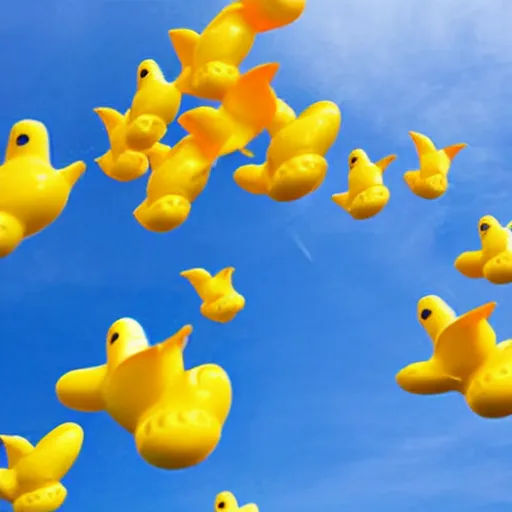 Prompt: photograph of rubber ducks flying in the sky