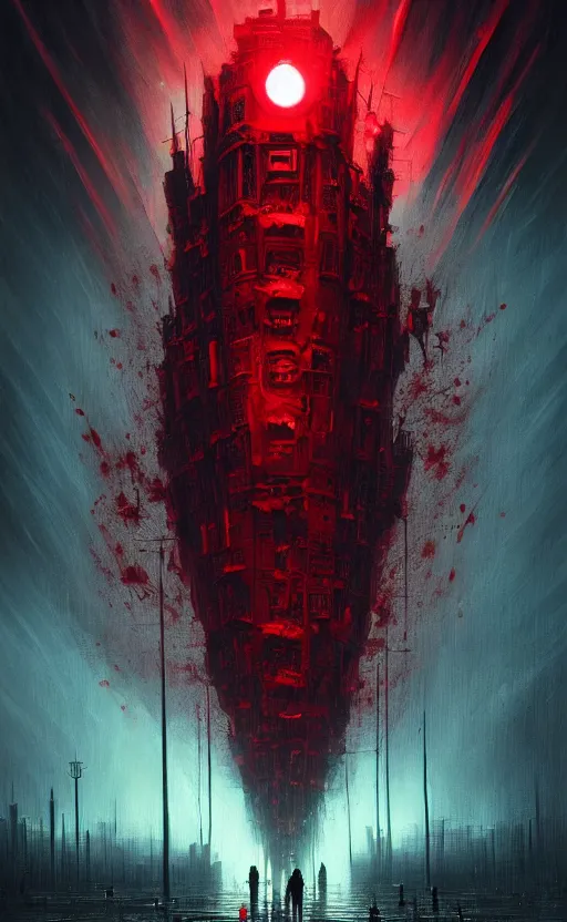 Image similar to poster style, a beautiful and terrifying painting with high details of bodyhorror red alert storm that destroys dark souls like new york city with eclipse, movie atmosphere, movie lights, 8 k, light effect, rtx on, trending on artstation, by kilian eng, lee madgwick, bastien lecouffe - deharme