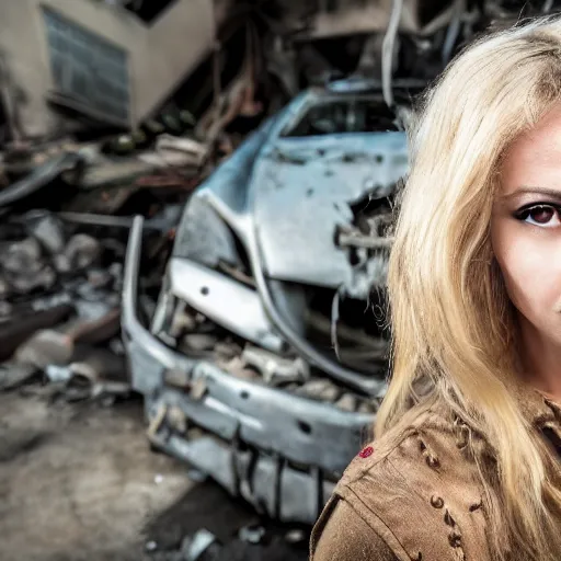 Image similar to close up headshot of a skinny female high-fantasy elf with a long face narrow chin and short spiky blonde hair wearing dark brown overalls and holding a bomb next to a destroyed car, gel spiked blond hair, small ears, narrow lips, high resolution film still, HDR color