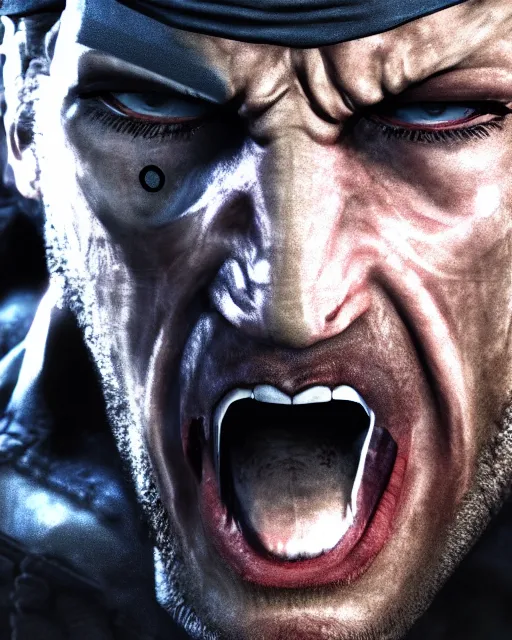 Image similar to solid snake portrait, cinematic lighting, anguished crying screaming yelling, mouth open, black atmospheric background, 4 k photography hdr