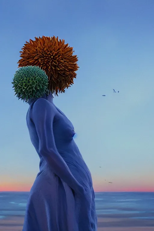 Image similar to closeup giant dahlia flower head, girl standing on beach, surreal photography, blue sky, sunrise, dramatic light, impressionist painting, digital painting, artstation, simon stalenhag