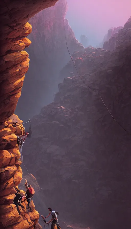 Image similar to rock climbers climbing a rock, an epic fantasy, dramatic lighting, cinematic, extremely high detail, photorealistic, cinematic lighting, matte painting, artstation, by simon stalenhag, horizon forbidden west
