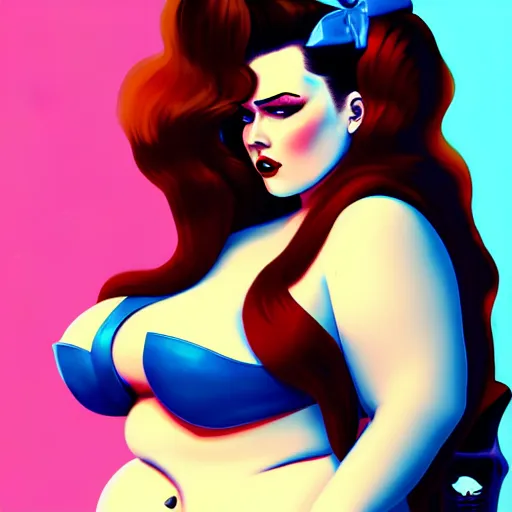 Image similar to rockabilly curvy woman long hair, blonde, blue eyes, wholesome, country, southern, digital art, cinematic, concept art, 8k, painting, imaginefx, cgsociety, trending on artstation, wide shot, full shot