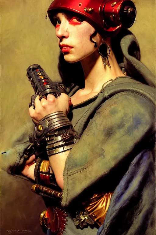 Image similar to full character portrait max mad cyberpunk warhammer 4 0 k, tech priest not the girl with the pearl earring character design, painting by gaston bussiere, katsuya terada, wyeth, craig mullins, hiroshi yoshida, ( ( ( ( ( vermeer ) ) ) ) ), frank frazetta, mucha, tom of finland, trending on artstation