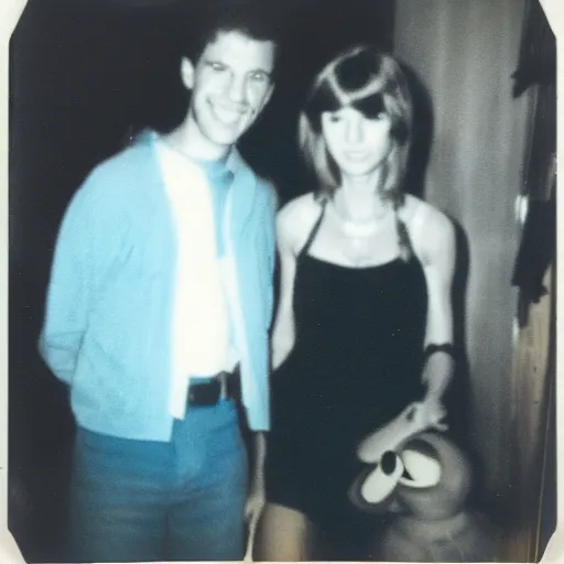 Image similar to found polaroid of my parents who look exactly like Taylor Swift and Kermit the frog