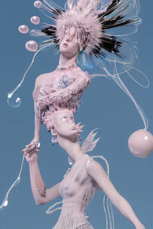 Prompt: an epic non - binary model, subject made of polished porcelain, mesh headdress, sensors all over, flowing dress, with cerulean and pastel pink bubbles bursting out, delicate, beautiful, intricate, melting into jolteon, houdini sidefx, by jeremy mann and ilya kuvshinov, jamie hewlett and ayami kojima, bold 3 d