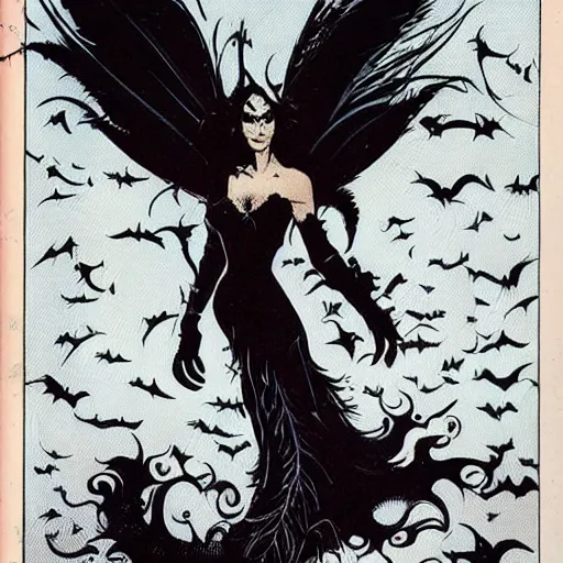 Image similar to jennifer connelly as gothic dark fae disney villain with black feathers instead of hair, feathers growing out of skin, space station, zero gravity, pulp sci fi, mike mignola, comic book cover, vivid, beautiful, illustration, highly detailed