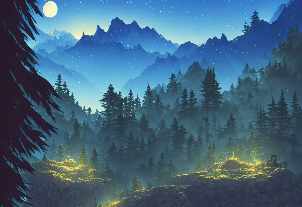 Image similar to mountains background with pines at night, rocks, trees, castle, night sky, intricate oil painting, high detail illustration, sharp high detail, manga and anime 1 9 9 9, official fanart behance hd artstation by jesper ejsing and makoto shinkai, 4 k,