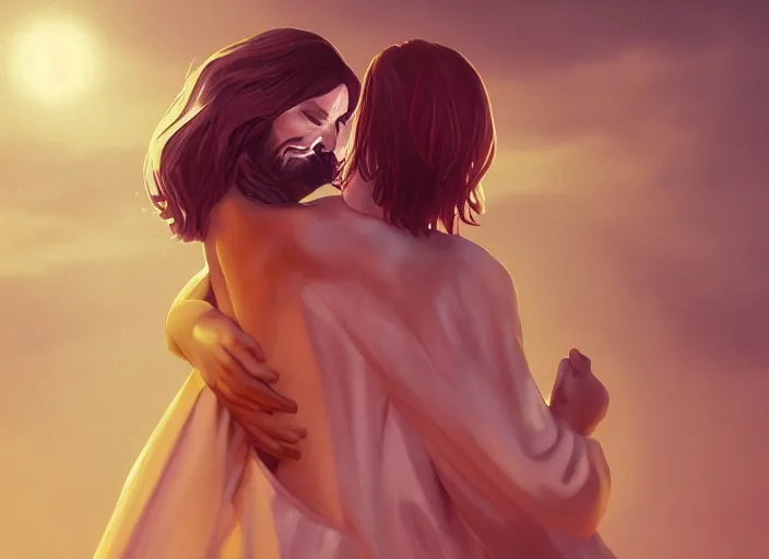 Image similar to jesus hugging a woman from behind, white robe, spirit hugs, gold trim, atmoshperic, elegant, sharp focus, red sun, huge lips, poses by satine zillah, environment by hw 6 5 2 3, art by ilya ozornin, artstation, intricate details, concept art