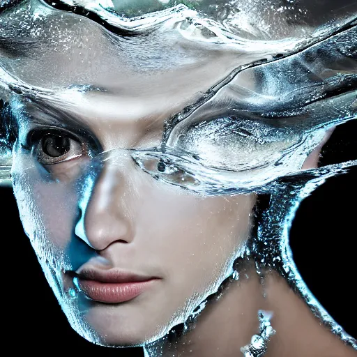 Image similar to water artwork manipulation in the shape of a human head, on the ocean water, futuristic style, hyper realistic, ray tracing, realistic water, sharp focus, long shot, 8 k resolution, cinematic, photoshop water art