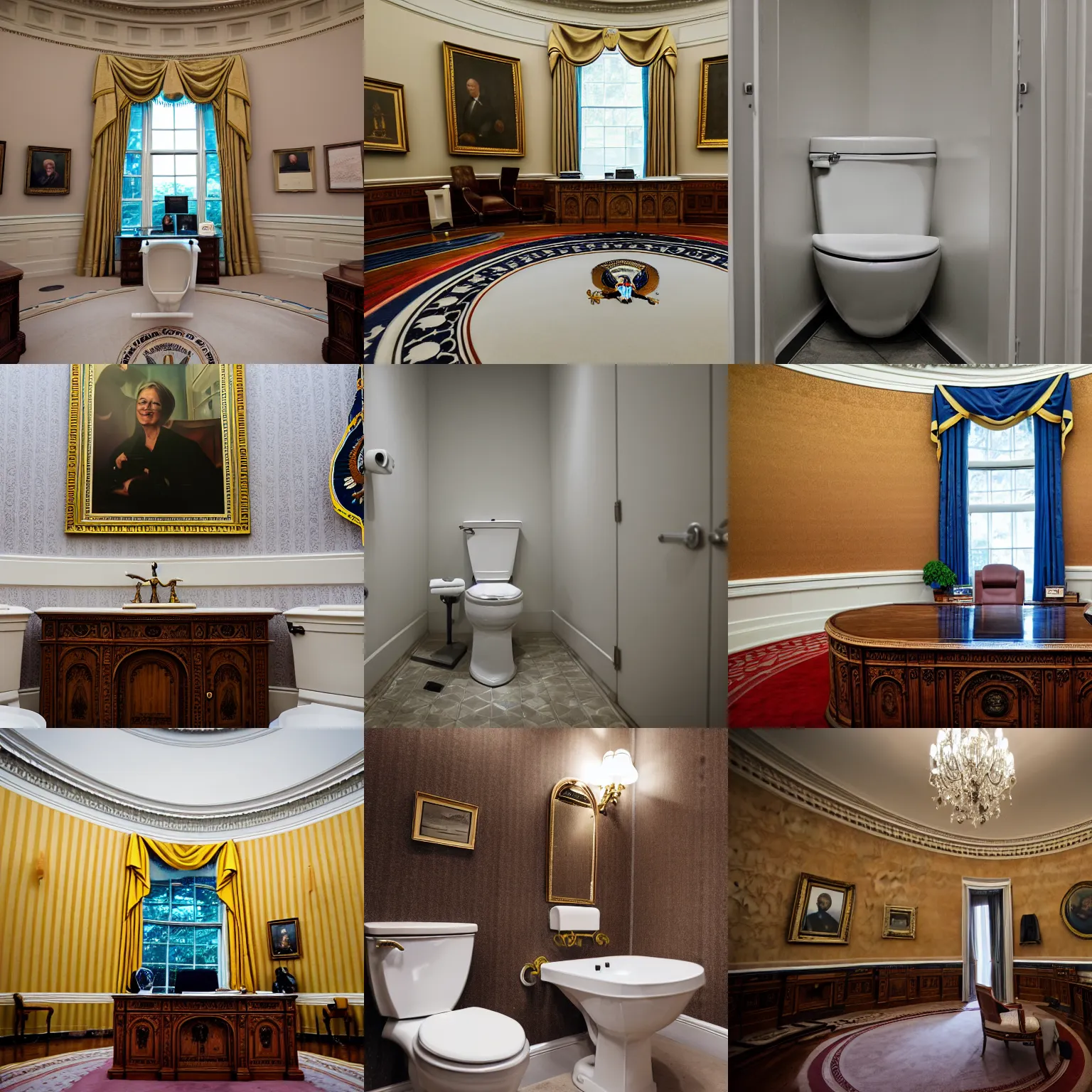 Prompt: oval office toilet overflowing with water, nikon d 8 1 0 | iso 6 4 | focal length 2 0 mm ( voigtlander 2 0 mm f 3. 5 ) | aperture f / 9 | exposure time 1 / 4 0 sec ( dri )