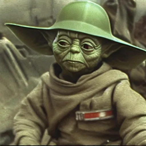 Prompt: Yoda as a Russian soldier in WW2, Battle of Stalingrad 1943, 4K, 30mm film stock, high detail, historical