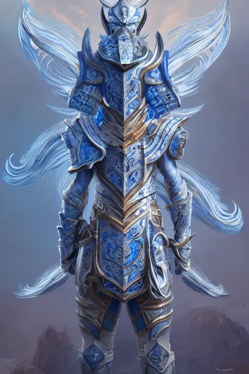 Image similar to portrait knights of Zodiac male, Chinese Blue and white porcelain reflected armor, in ruined Agora of Athens Sunrise, ssci-fi and fantasy, intricate and very very beautiful and elegant, highly detailed, Frostbite Engine, digital painting, artstation, concept art, smooth and sharp focus, illustration, art by tian zi and WLOP and alphonse mucha