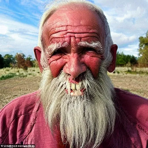 Image similar to an old man who has grown the world\'s longest human teeth, so long they have started to curl around