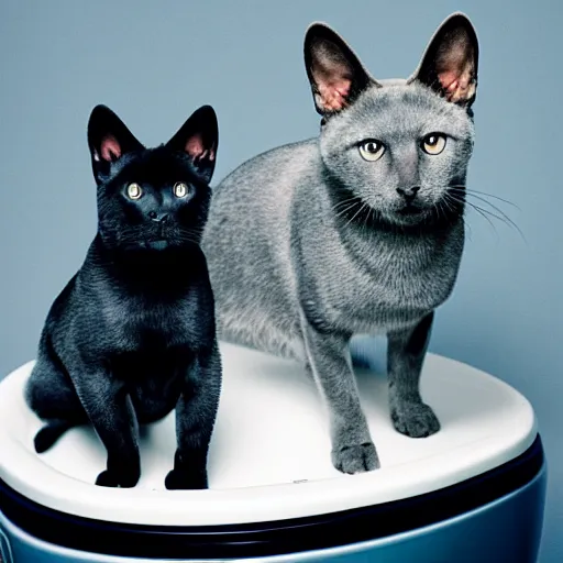 Prompt: Portra 400 a russian blue cat sitting on top of a german sheppherd in a space toilet