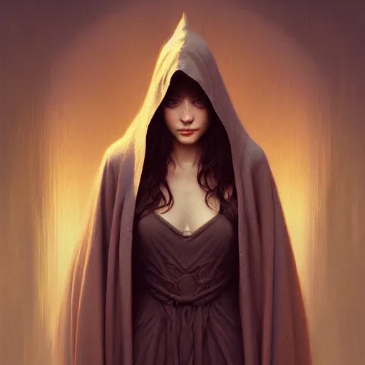 Image similar to Portrait of a woman wearing a hooded robe, medium shot, intricate, elegant, highly detailed, digital painting, artstation, concept art, smooth, sharp focus, illustration, art by artgerm and greg rutkowski and alphonse mucha, by beksinski