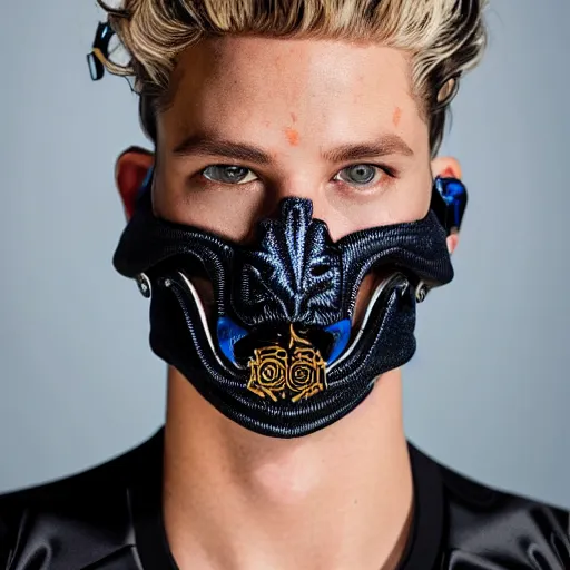 Image similar to medium face shot of adult Austin Butler dressed in futuristic-tudoresque black-prussian blue garb with embroidered Rams head emblem, and nanocarbon-vest, in an arena in Dune 2021, XF IQ4, f/1.4, ISO 200, 1/160s, 8K, face in-frame