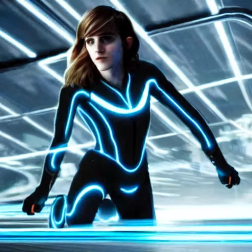 Prompt: movie still of emma watson in tron : legacy ( 2 0 1 0 )