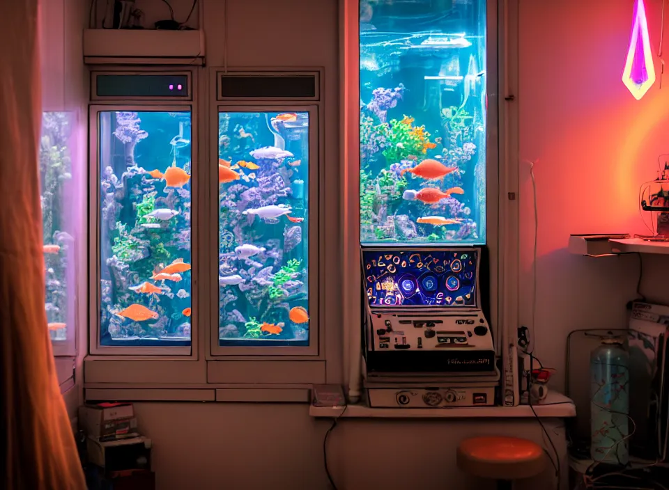 Prompt: telephoto 7 0 mm f / 2. 8 iso 2 0 0 photograph depicting the feeling of melancholy in a cosy cluttered french sci - fi ( art nouveau ) cyberpunk apartment in a pastel dreamstate art cinema style. ( aquarium, computer screens, window ( city ), led indicator, lamp ( ( ( pinball machine ) ) ) ), ambient light.