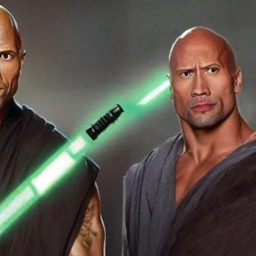 Image similar to Dwayne Johnson in Jedi Robes holding a lightsaber