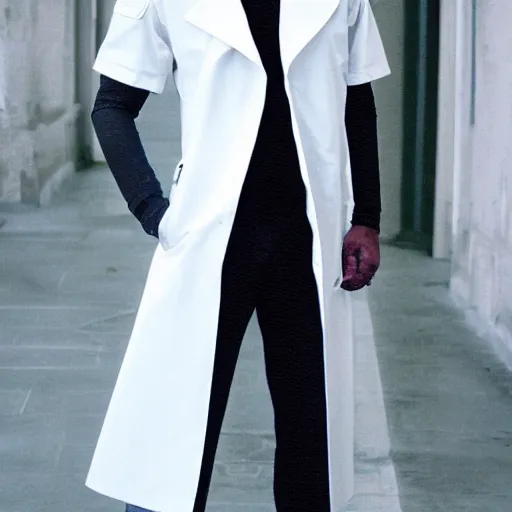 Image similar to white trench coat, technology, fantasy, clothing design