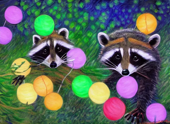 Prompt: painting of raccoon! with colorful paper lanterns in a forest at night, in the style of Claude Monet