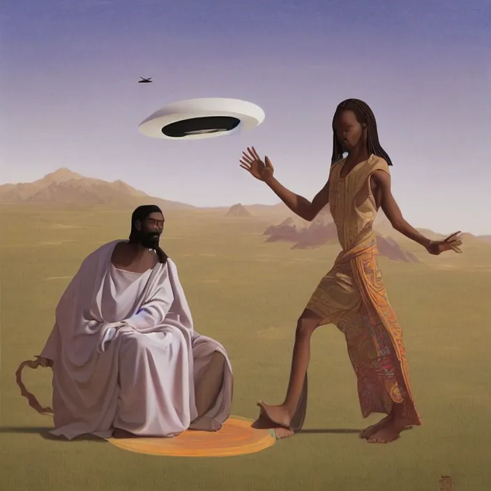 Image similar to UFO hovering over an African Jesus ,painting by Hsiao-Ron Cheng,