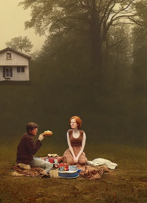 Prompt: portrait bust of emma stone having a picnic with tom holland, solemn expression, faded color film, russian cinema, tarkovsky, kodachrome, old cabin, next to window, heavy forest outside, long brown hair, old clothing, heavy fog, hudson river school, 4 k, dramatic lighting, greg rutkowski
