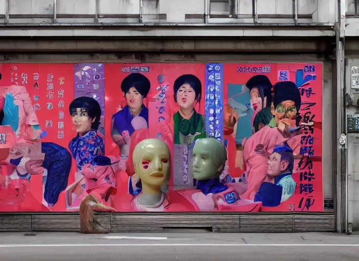 Image similar to people made of plastic and clay, 3 d, exterior street, neon japanese advertisements, portrait face, matt murphy, jeremy enecio, monet, cynical realism, john william godward, yoshitaka amano, miles johnston, louise zhang, matt murphy, enes dirig, pekka halonen, finnish naturalism, realism