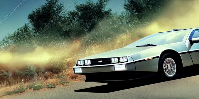 Image similar to photorealistic wide angle cinematography of the front of a photorealistic Scientifically accurate Delorean racing down the road at 88mph