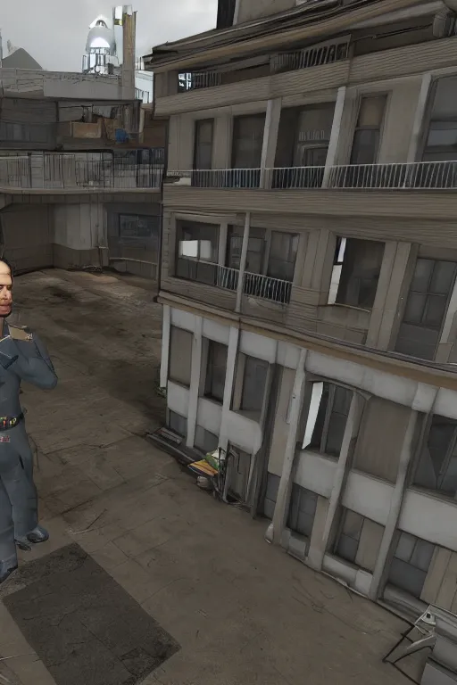 Image similar to A government man from Half-life stands on the balcony of a two-story panel house and watches, graphics in the style of games on the source engine, game graphics