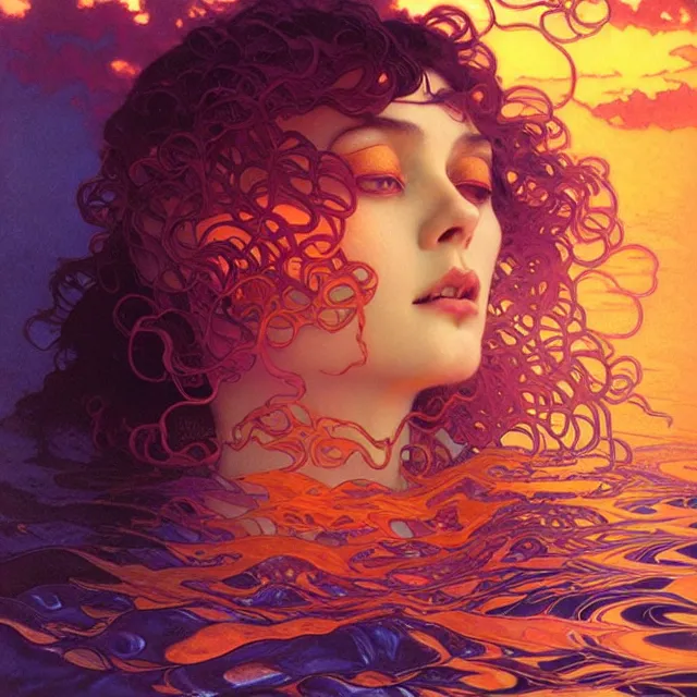 Image similar to transcendent mind bending indigo waves of glossy psychedelic liquid honey flowing like kaleidoscopic translucent amber, lsd waves, honey ripples, enlightenment, dramatic professional lighting, refracted sunset lighting, art by collier, albert aublet, krenz cushart, artem demura, alphonse mucha