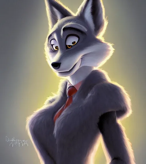 Image similar to oil painting of detailed full body of anthromorphic female wolf, in style of zootopia, zootopia, zootopia, fursona, furry, furaffinity, 4 k, deviantart, furry art, fursona art, wearing black business suit, business suit, in style of zootopia, wolf fursona, cyberpunk, female, expressive detailed feminine face,