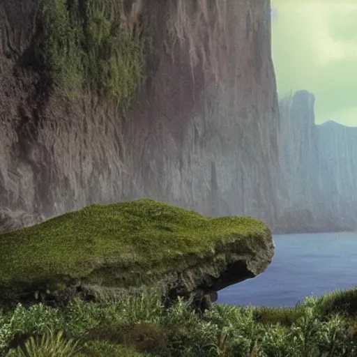 Prompt: film still of a lush natural scene on an alien planet by james cameron. beautiful landscape. weird vegetation. cliffs and water.