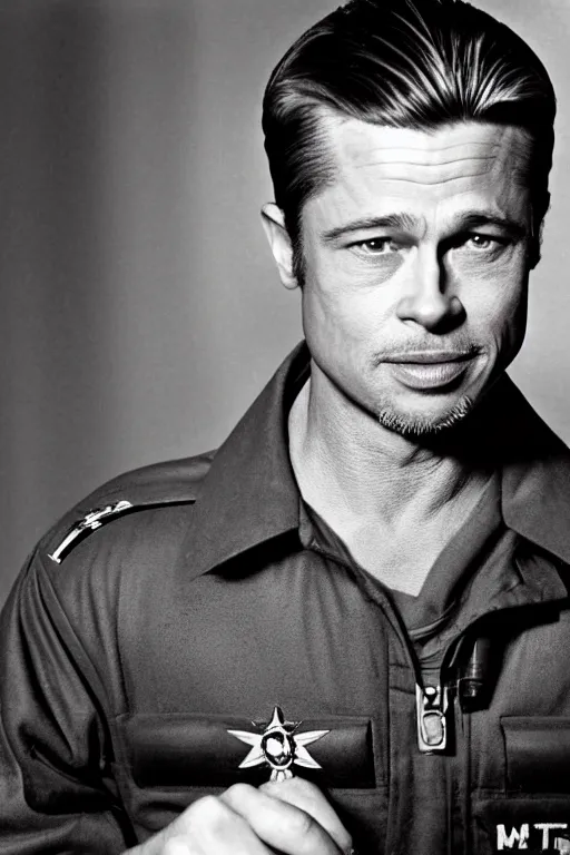 Prompt: portrait of yound brad pitt as air force pilot, photoshoot