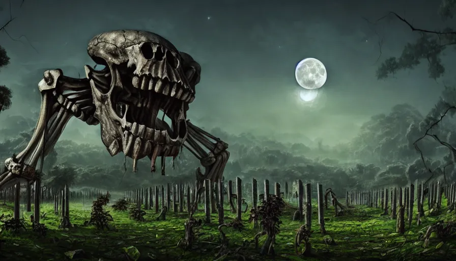 Image similar to giant monster skeleton in ancient ruins, vines, forest, hyperrealistic, highly detailed, cinematic, single ray of moon, dark sky, beautiful, cgssociety, artstation, 8 k, oil painting