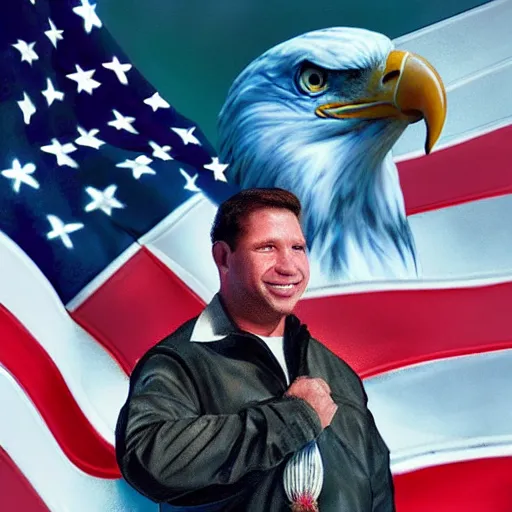 Image similar to ron desantis with bald eagle sitting on his shoulder, award - winning, artstation, patriotic, fireworks in background,