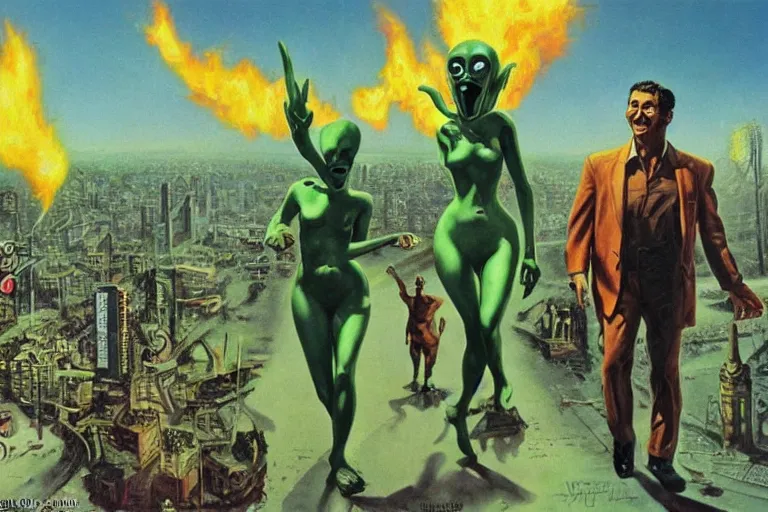 Prompt: a picture of a happy subgenius and sexy green alien walking in front of a burning city, a detailed matte painting by mort kunstler, pixiv, kitsch movement, hellish background, movie poster, official art