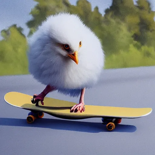 Image similar to fluffy chick on a skateboard, photorealistic