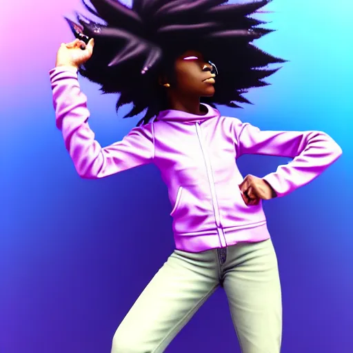 Image similar to portrait of black anime manga girl, throwing punch pose towards camera, french bob hair, white hair, by gustave dore, vaporwave colors, lofi colors, vaporwave, lofi, goth vibe, 4 k, smooth, hd, substance designer render, full body character concept art, 2 point lighting,