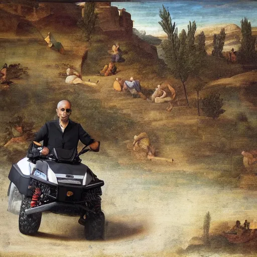 Image similar to guy on all terrain vehicle, renaissance painting by jerome bosch