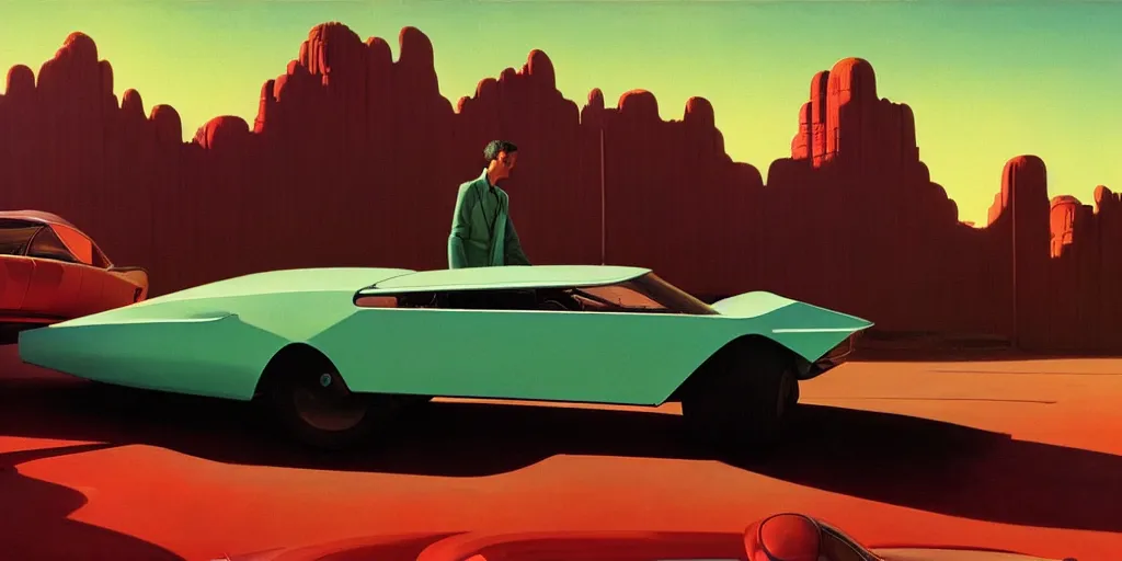 Image similar to a cinematic matte painting of a sleek 1 9 6 0 s vaporwave retro - futurism sci - fi car in a cluttered garage in the american southwest. cactus. by eric lafforgue, glennray tutor and edward hopper, greg rutkowski. trending on artstation.