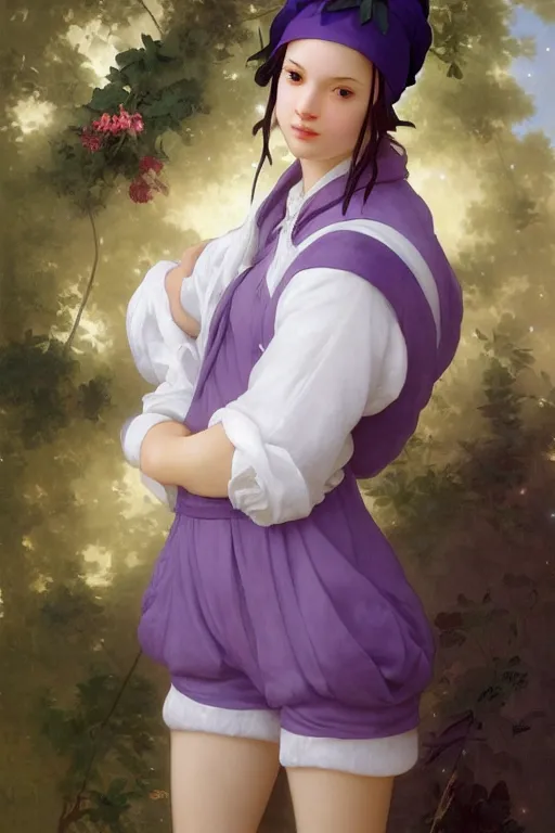 Image similar to Full View girl with short blond hair wearing an oversized purple Beret, Baggy Purple overall shorts, Short Puffy pants made of silk, silk shoes, a big billowy scarf, Golden Ribbon, and white leggings Covered in stars. Short Hair. masterpiece 4k digital illustration by Ruan Jia and Mandy Jurgens and Artgerm and william-adolphe bouguereau, award winning, Artstation, art nouveau aesthetic, Alphonse Mucha background, intricate details, realistic, panoramic view, Hyperdetailed, 8k resolution, intricate art nouveau