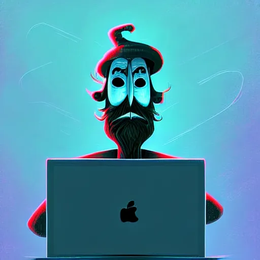 Image similar to curled perspective digital art of curly grey hair bearded man using a computer by anton fadeev from nightmare before christmas