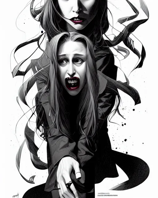 Prompt: in the style of Joshua Middleton and artgerm, evil vampire Taissa Farmiga open mouth with sharp fangs, full body, moody lighting
