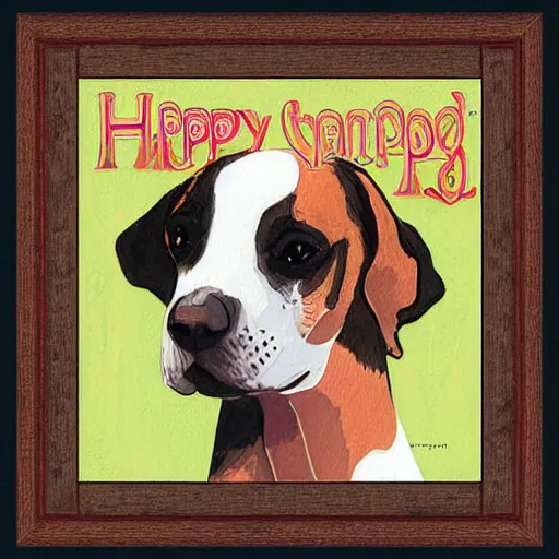 Image similar to painted colorful wooden frame, elegant, 1 9 2 0 s, for a square picture of a happy dog. the frame is ornate and has room for the name tag of the dog. digital art