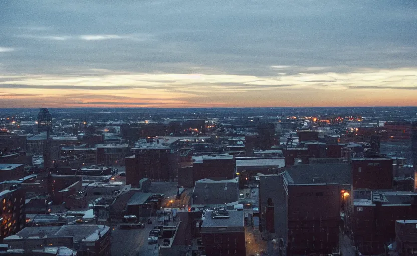 Image similar to low angle photo of sunrise view of buffalo new york as seen from a bus window, scene from being john malcovich film directed by charlie kaufman ( 2 0 0 1 ), moody cinematography and lighting, 2 4 mm anamorphic lens